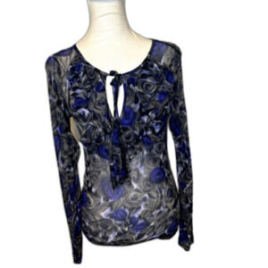 Karen Kane Sheer Floral Print Long Sleeve Top Scoop Neck Keyhole Ruffle M